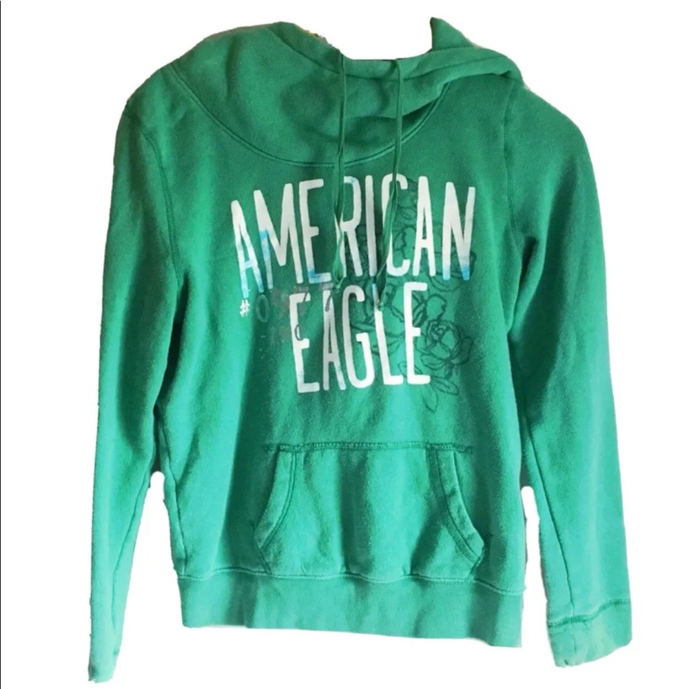 AEO Mock Neck Kelly Green Graphic Hooded Sweatshirt M